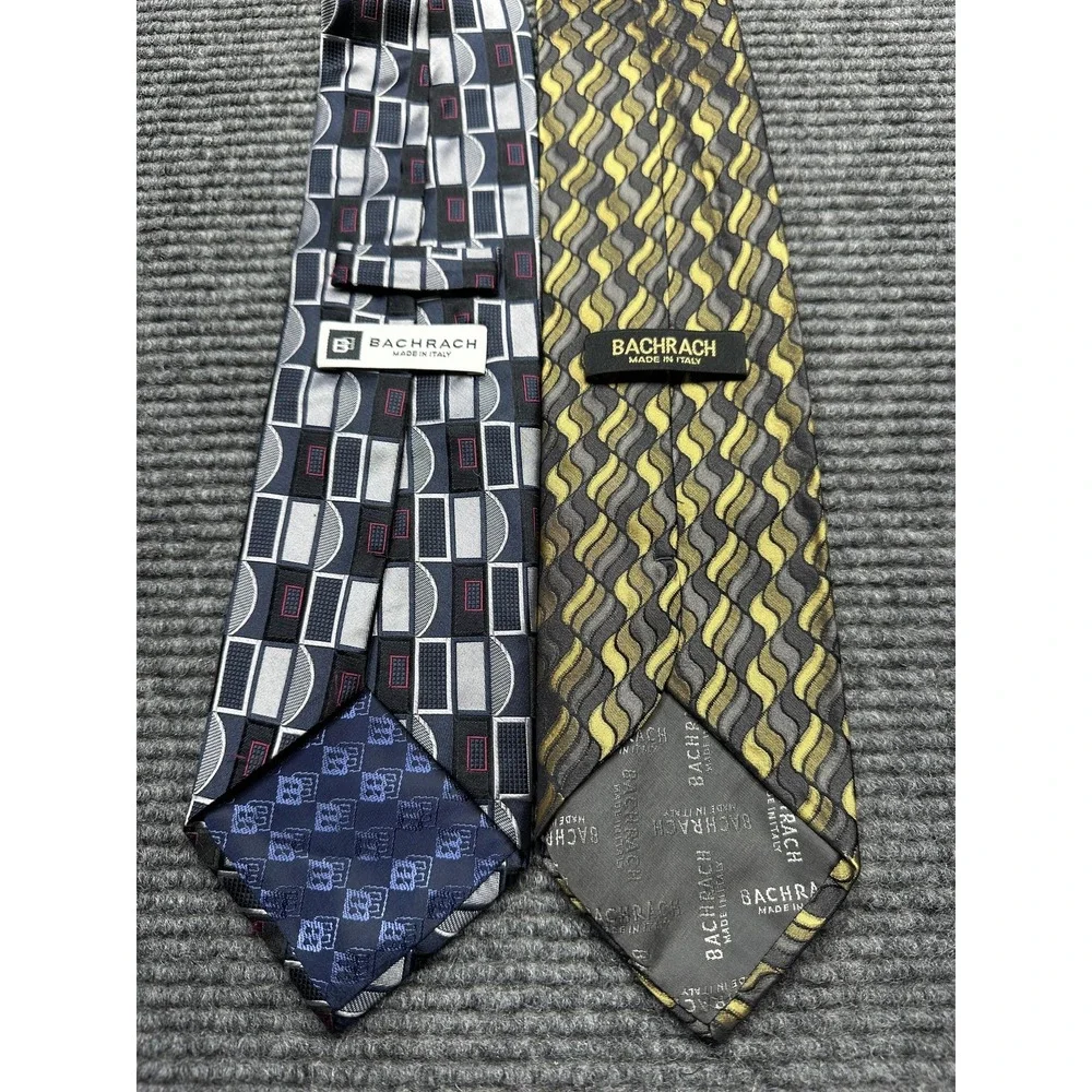 Bachrach Ties Mens Silk Made in Italy Lot of 2 Gray Gold Geometric Woven Pattern